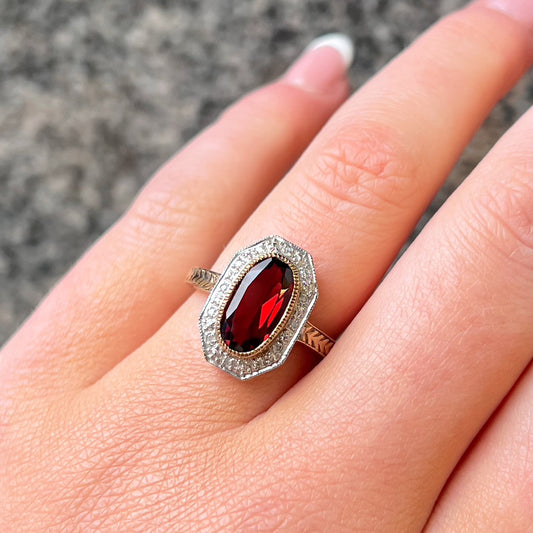 The Anna Ring - Art Deco Inspired 9ct Yellow Gold, Red Garnet and Diamond Ring Size L ½