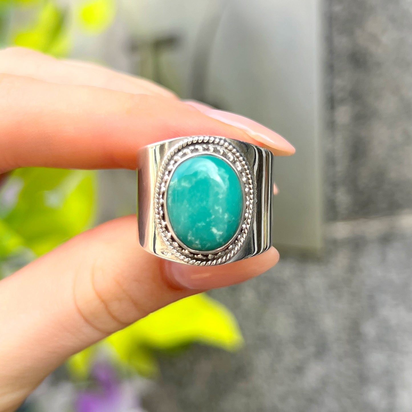 Sterling Silver Boho Green Amazonite Ring - Size T