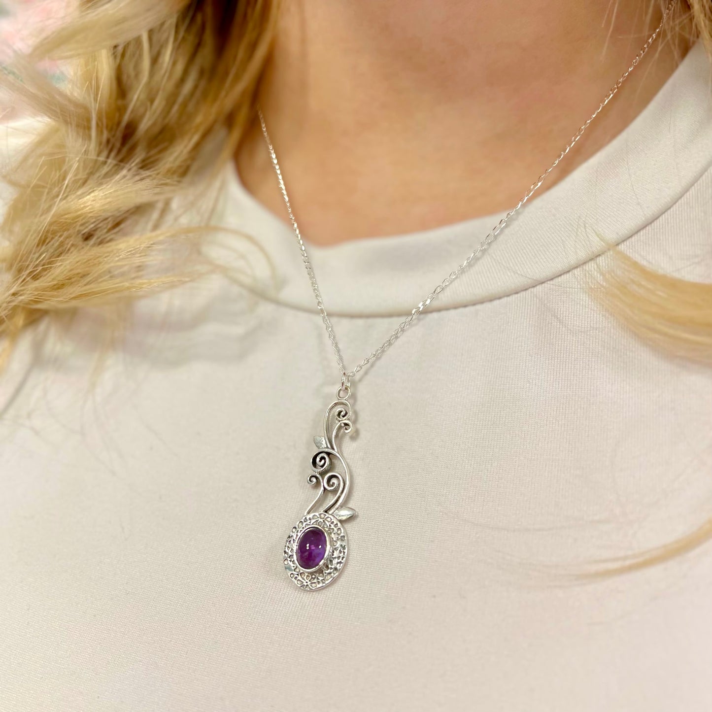 Nature Inspired Sterling Silver Amethyst Cabochon Necklace