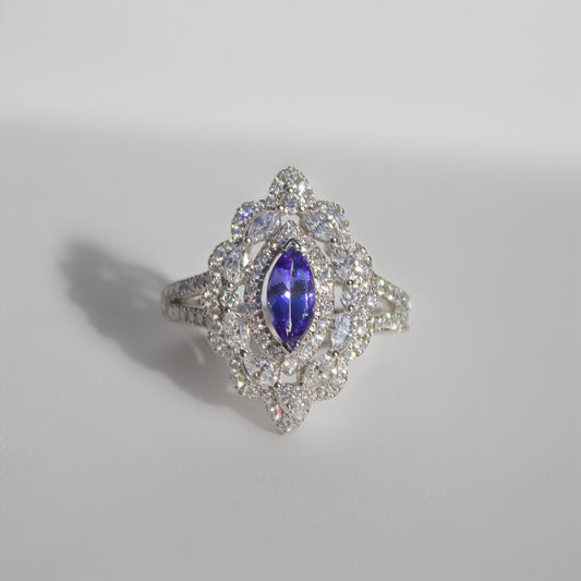 The 'Victoria' Ring - Sparkling 18ct White Gold Marquise Tanzanite and Diamond Size O