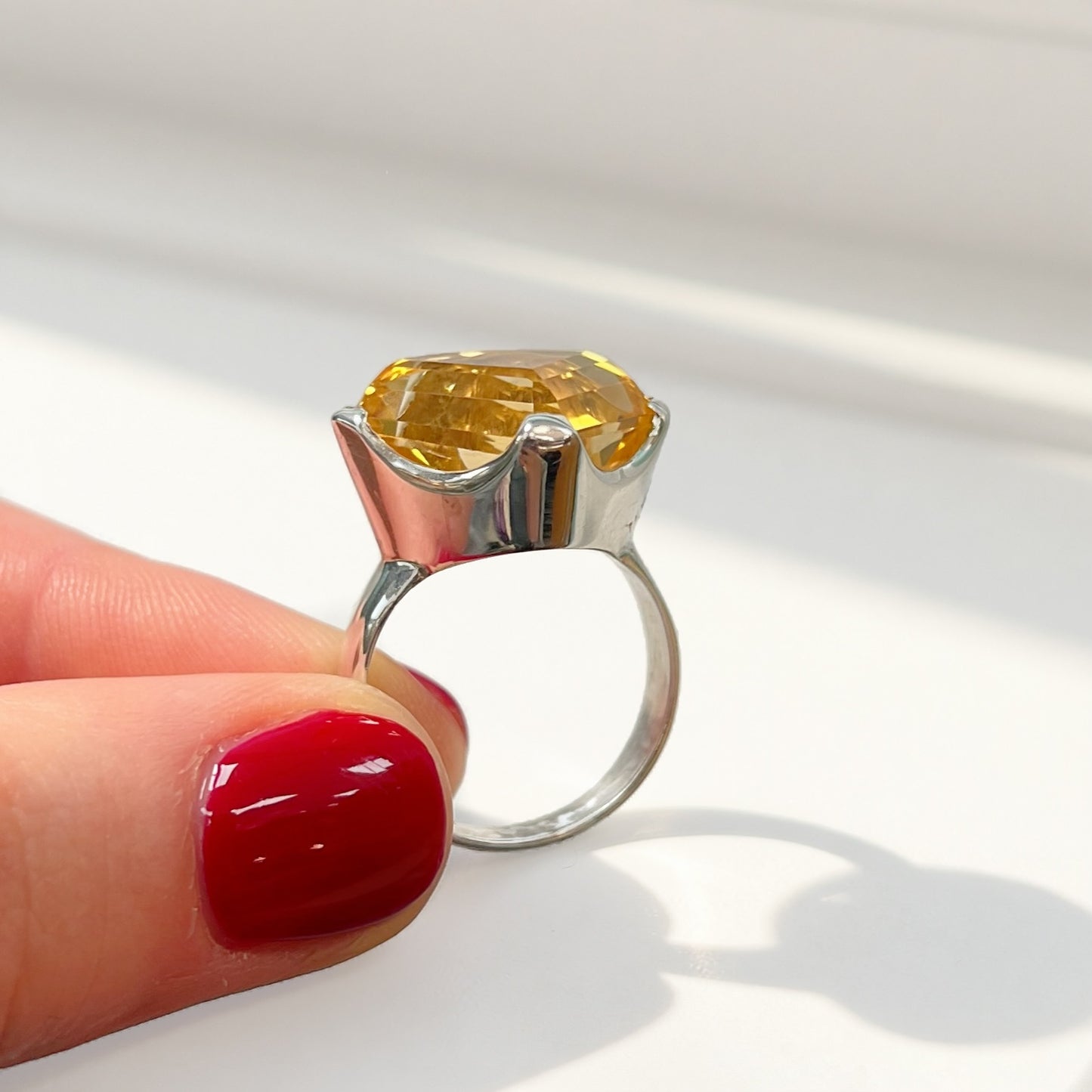 Sterling Silver Abstract Pear Shaped Citrine Cocktail Ring - Size N ½