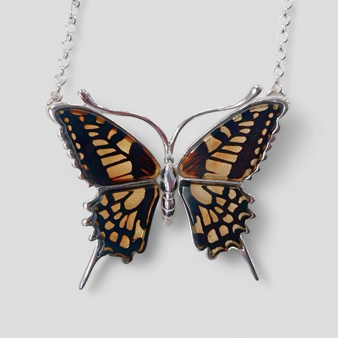 Large Sterling Silver Amber Blue Morpho Butterfly Necklace