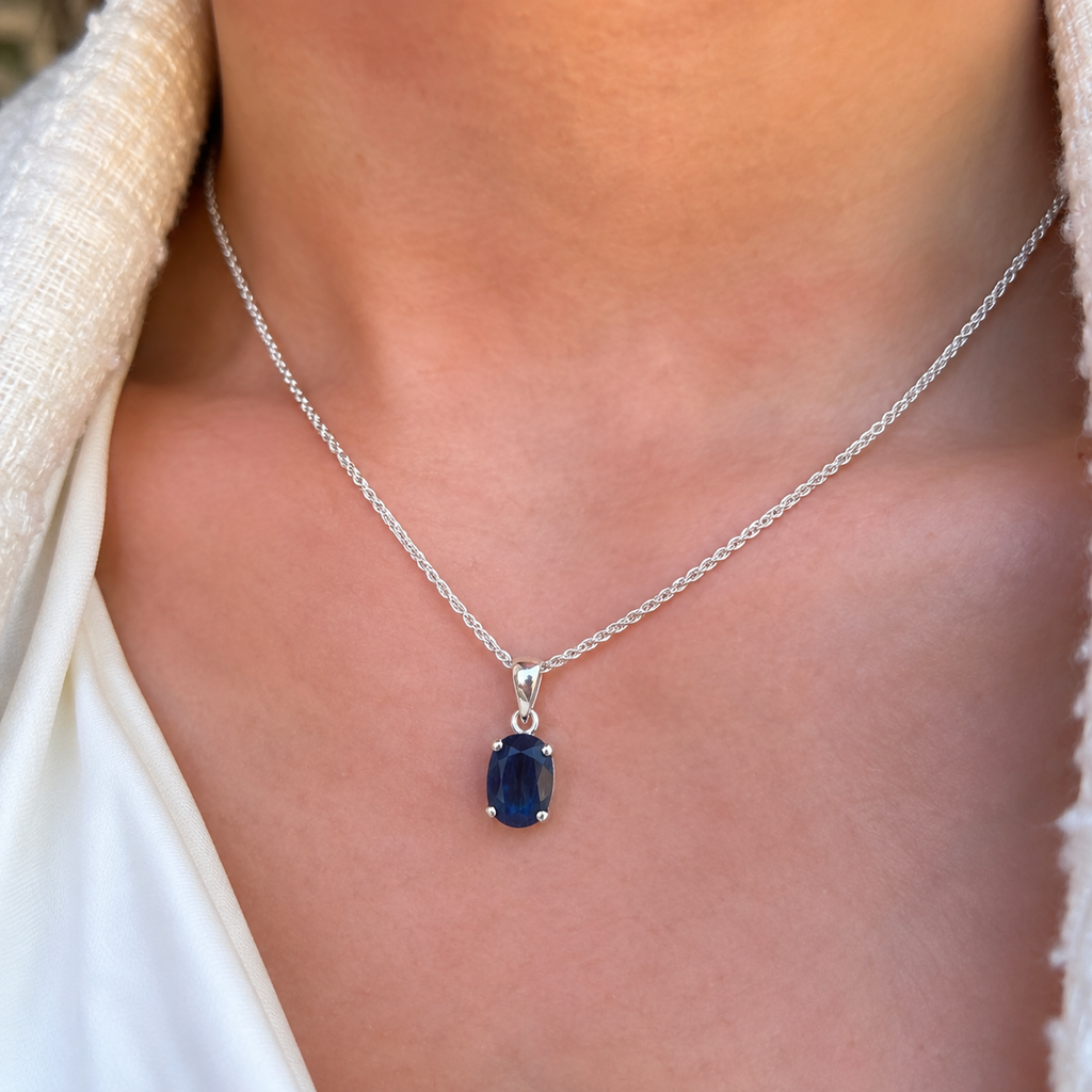 Chunky Oval Cut Claw Set Blue Sapphire Sterling Silver Pendant & Chain