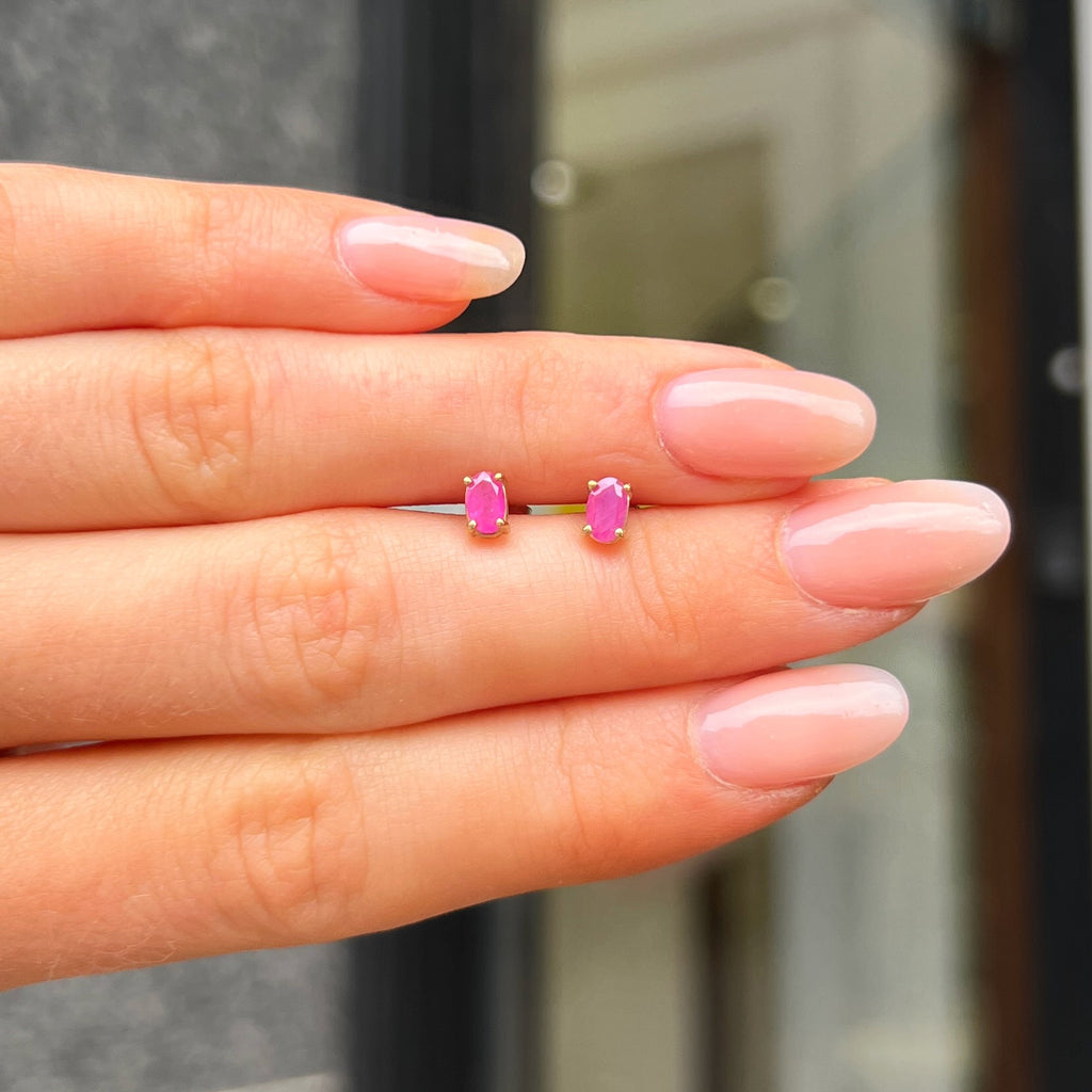 Pink Ruby Oval Cut 9ct Yellow Gold Dainty Stud Earrings