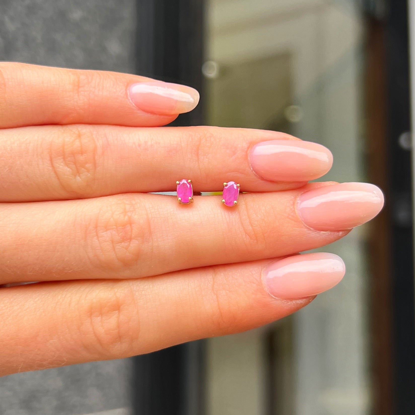 Pink Ruby Oval Cut 9ct Yellow Gold Dainty Stud Earrings
