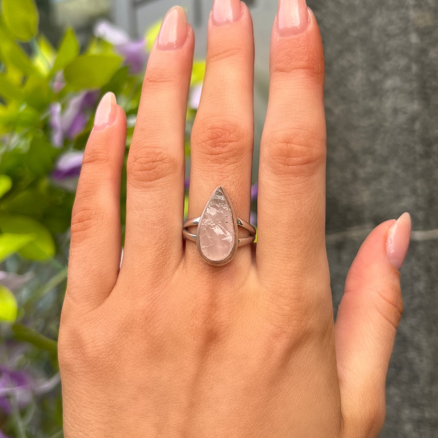 Sterling Silver Rough Pear Cut Pink Rose Quartz Ring - Size O