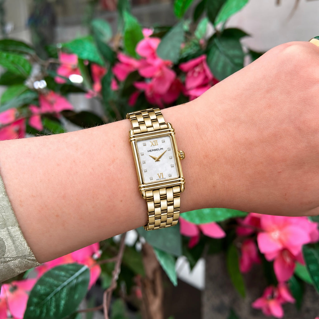 Herbelin | Art Deco Steel Gold Square Watch with White Dial | Ladies