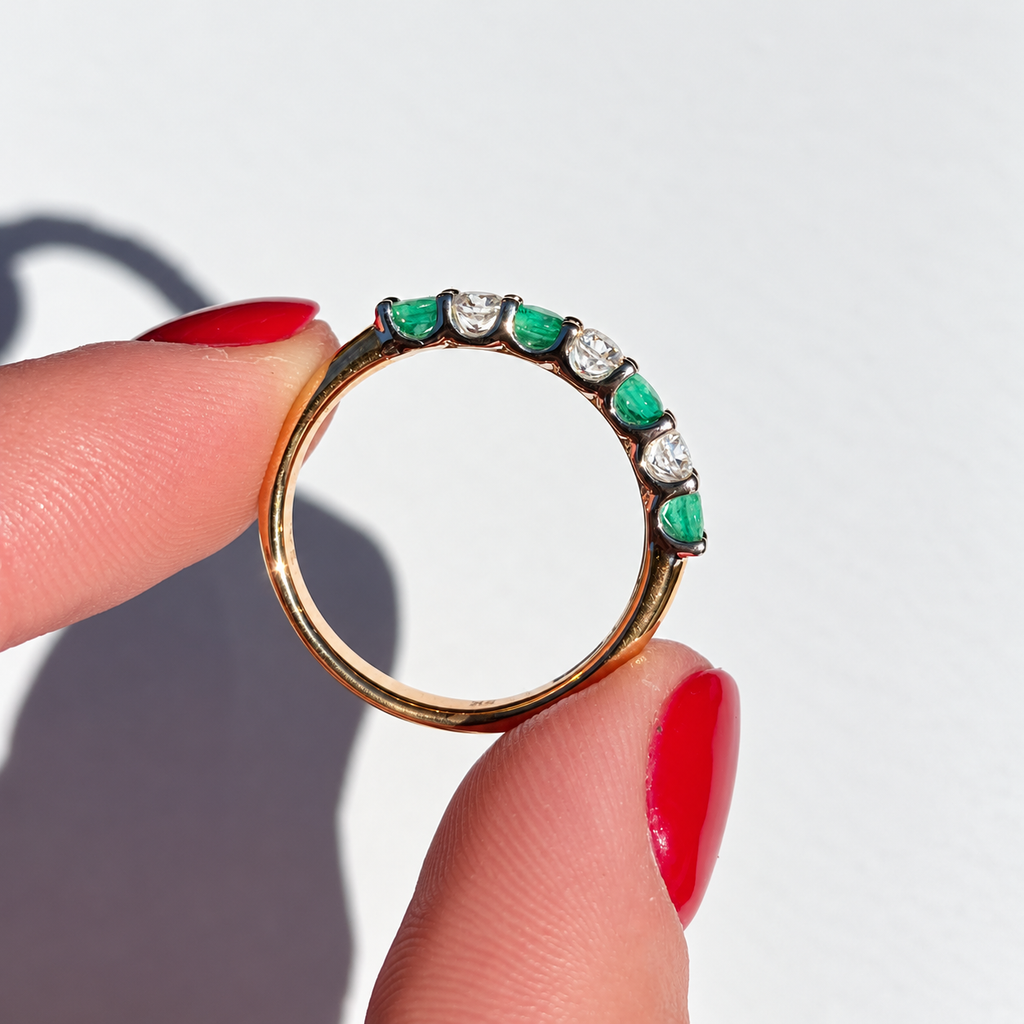 Emerald and Diamond Dainty 9ct Yellow Gold Half Eternity Ring | Size O