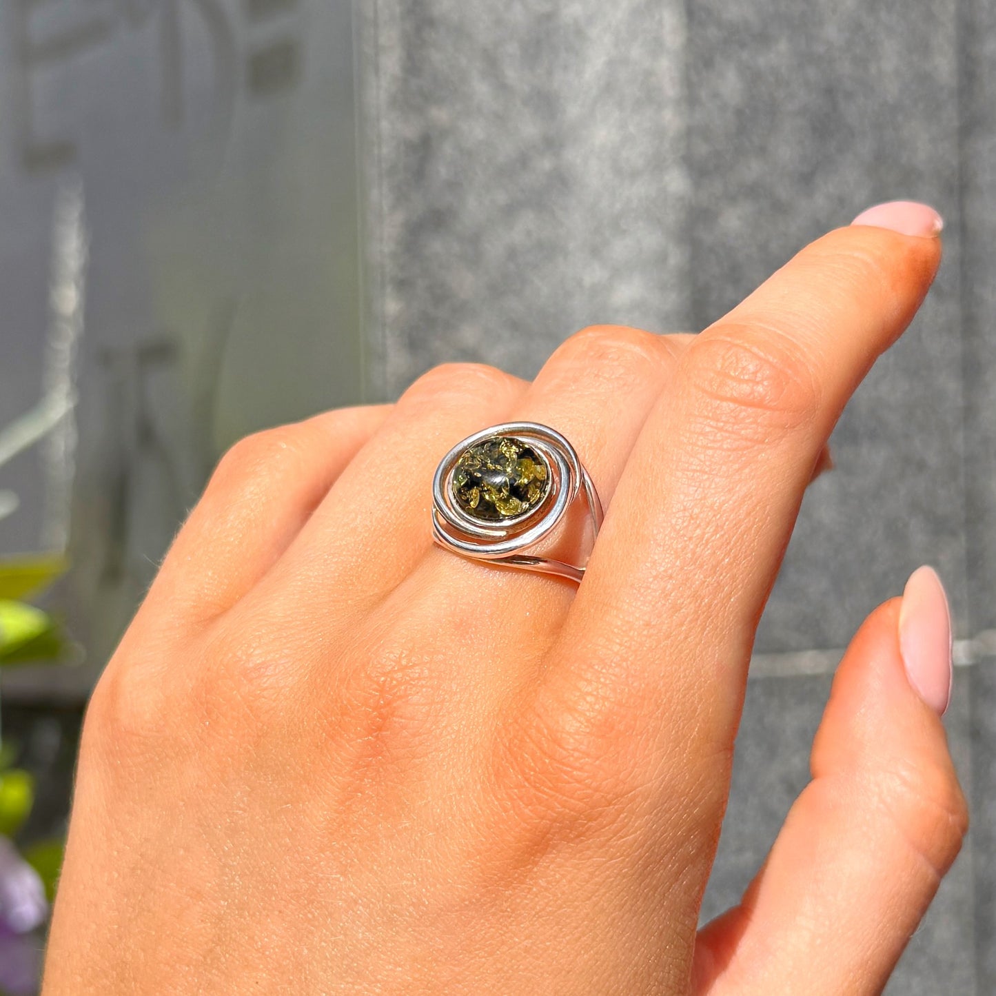 Green Amber Sterling Silver Round Spiral Ring - Size M