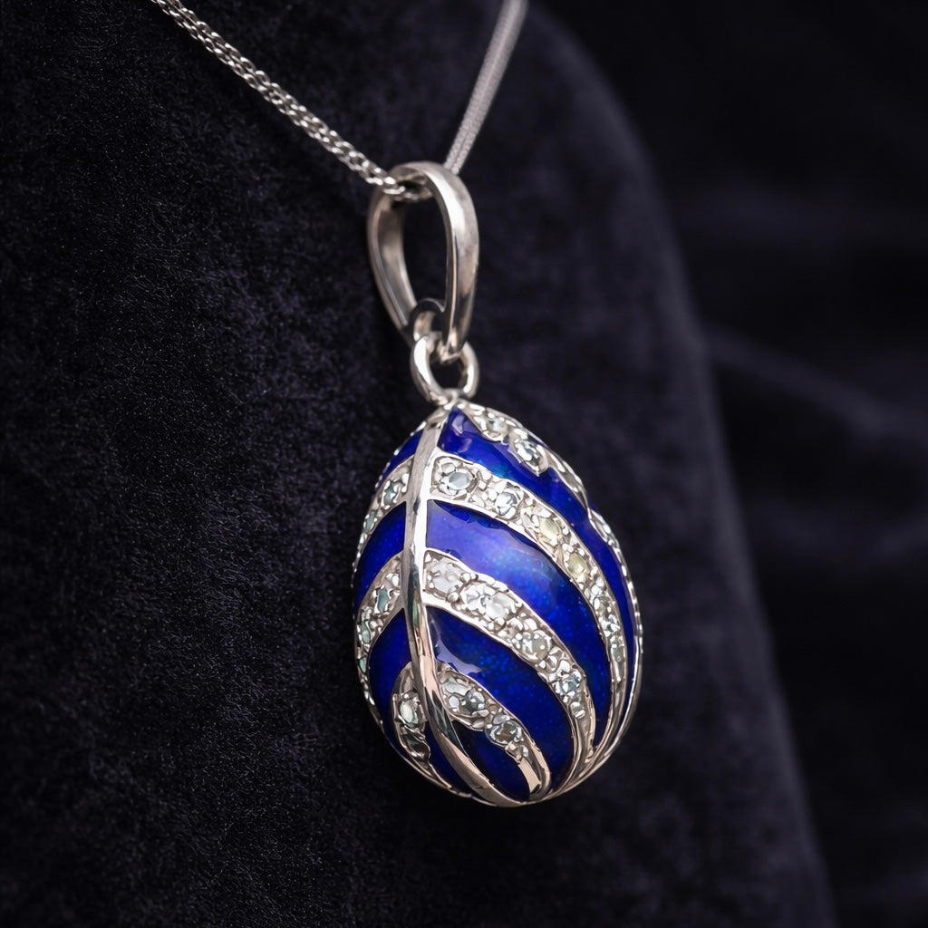 Vintage 14ct White Gold Blue Enamel Egg Necklace