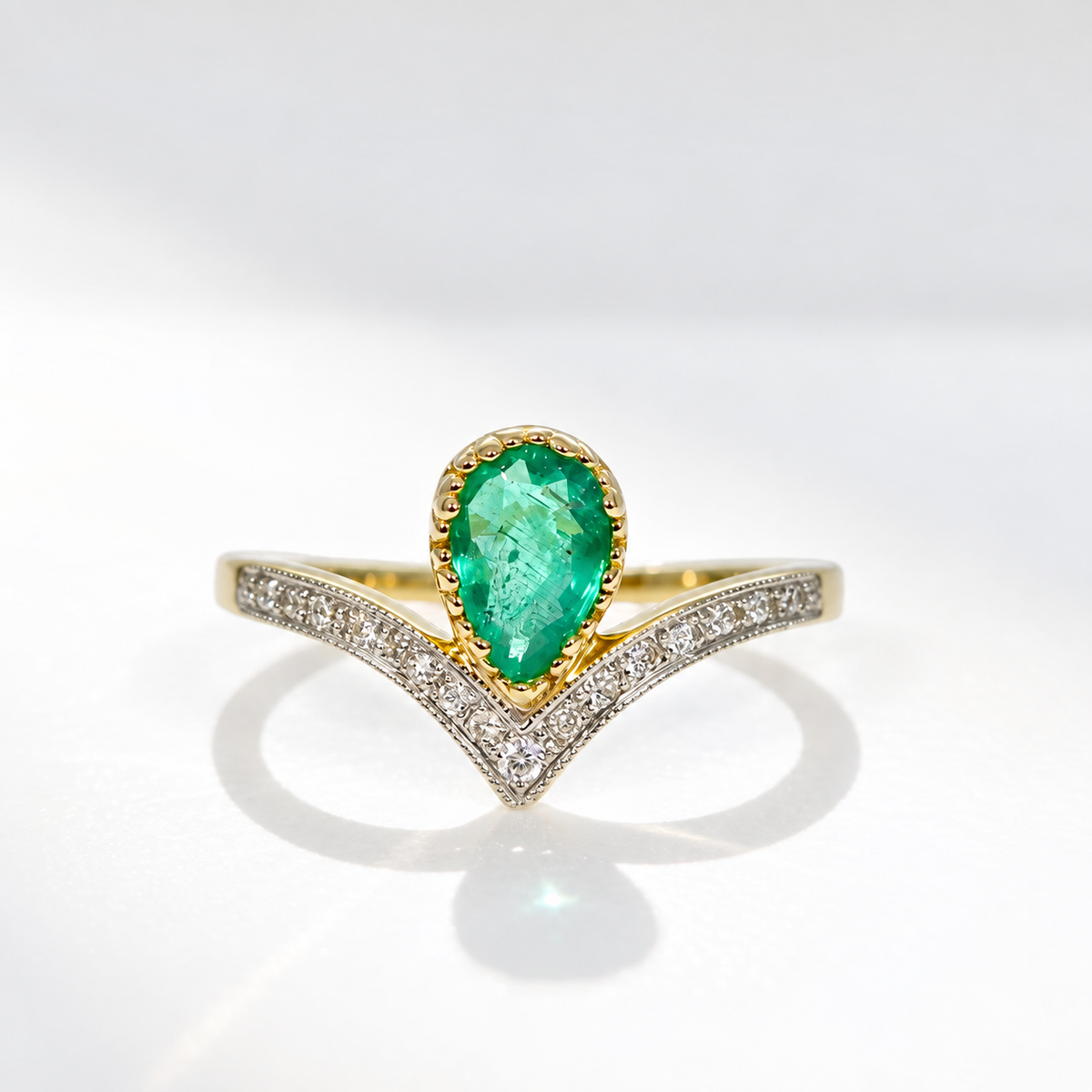 'The Ariel' Emerald and Diamond 9ct Yellow Gold Wishbone Ring | Size N ½
