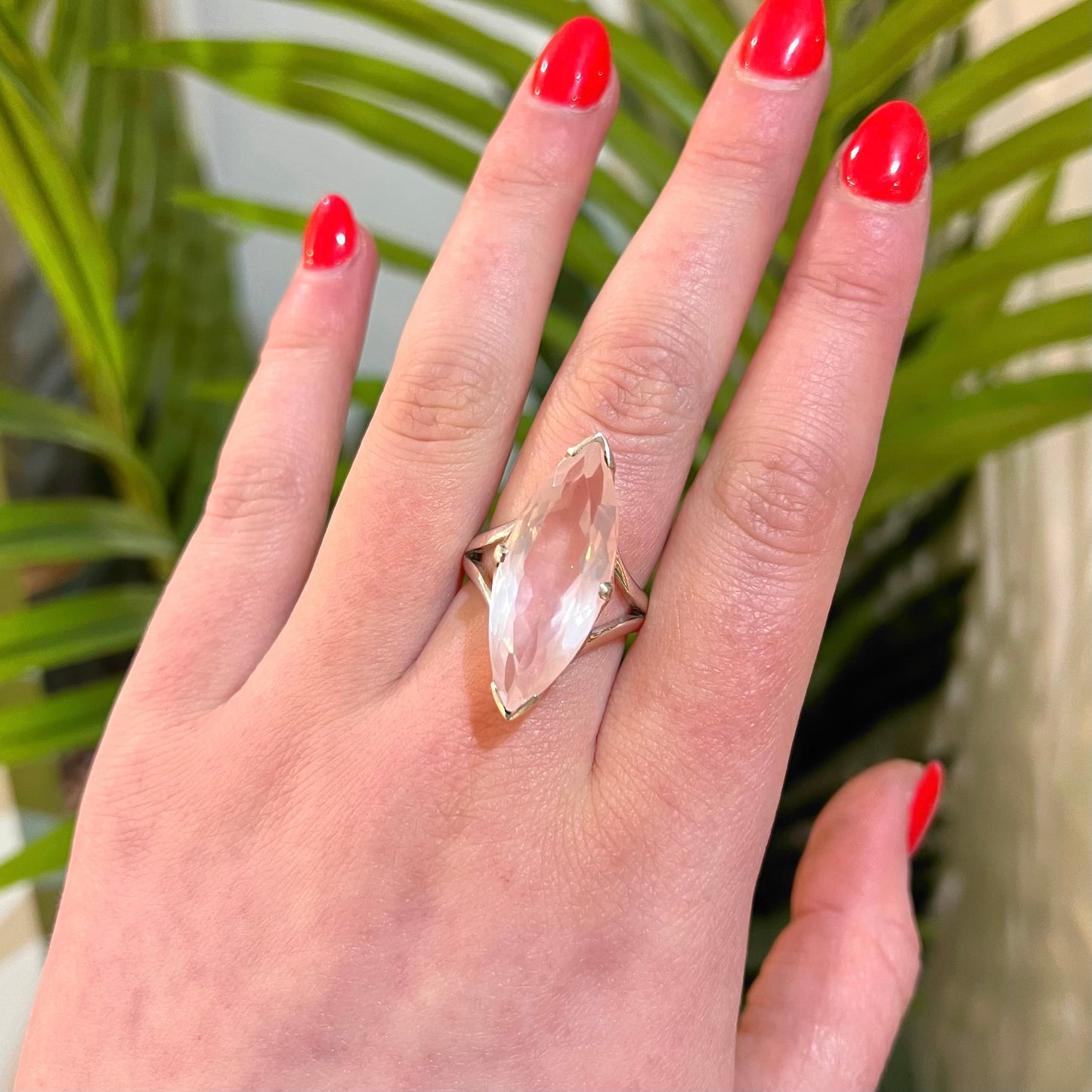 Pink Rose Quartz Sterling Silver Marquise Cut Ring - Size Q