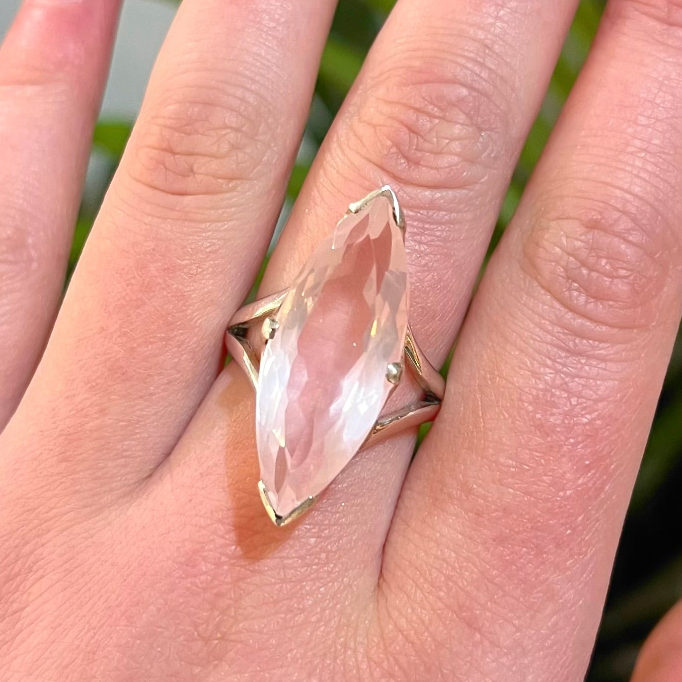 Pink Rose Quartz Sterling Silver Marquise Cut Ring - Size Q