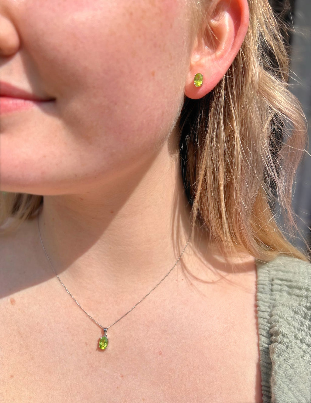 Oval Claw Set Peridot Sterling Silver Necklace and Earring Set