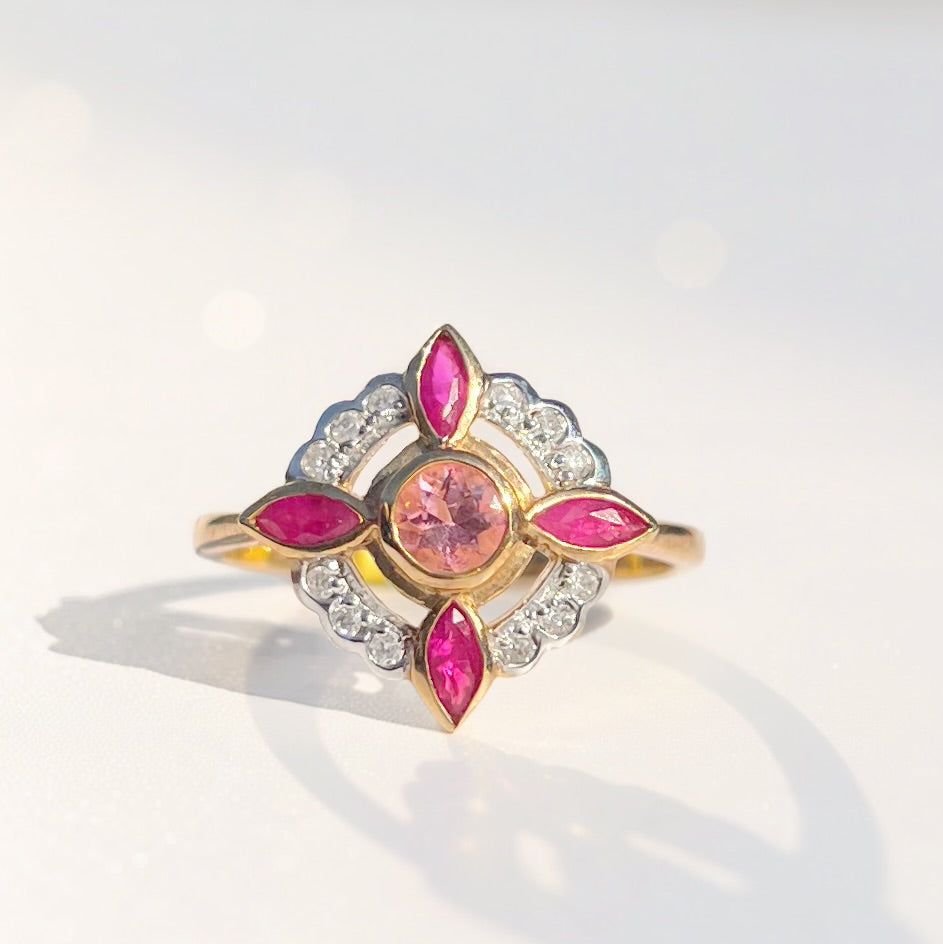 Edwardian Reproduction Pink Tourmaline, Ruby and Diamond 9ct Yellow Gold Ring | Size O