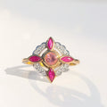 Edwardian Reproduction Pink Tourmaline, Ruby and Diamond 9ct Yellow Gold Ring | Size O