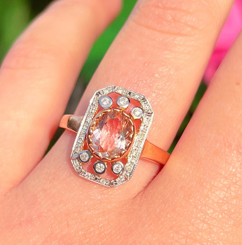 Art Deco Inspired Morganite and Diamond 9ct Rose Gold Ring | Size N ½