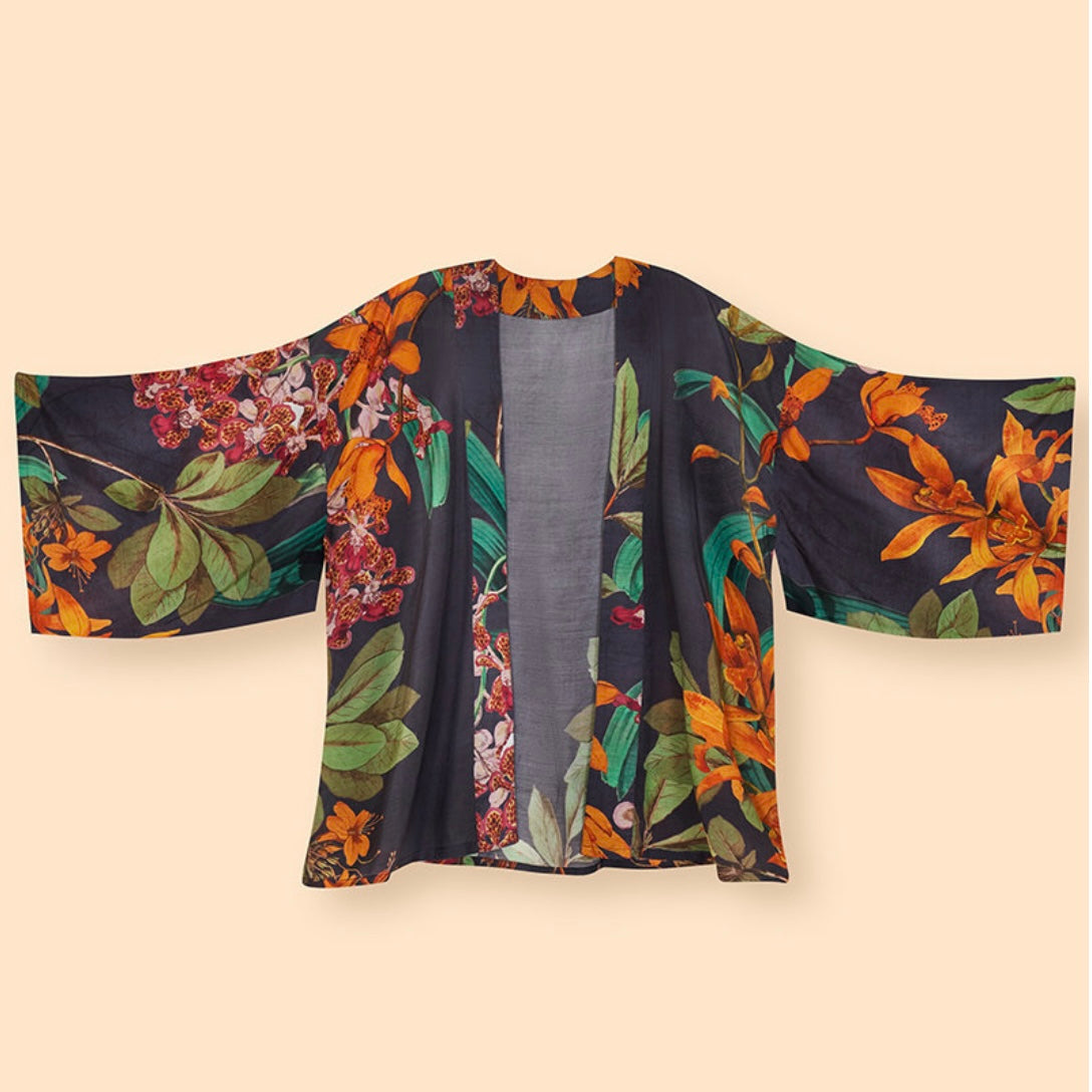 Powder Accessories Botany Bliss in Charcoal Navy Floral Short Kimono Jacket