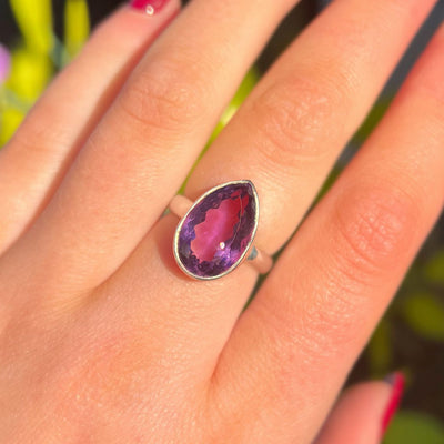 Plain Pear Shaped Faceted Amethyst Sterling Silver Ring | Size L ½