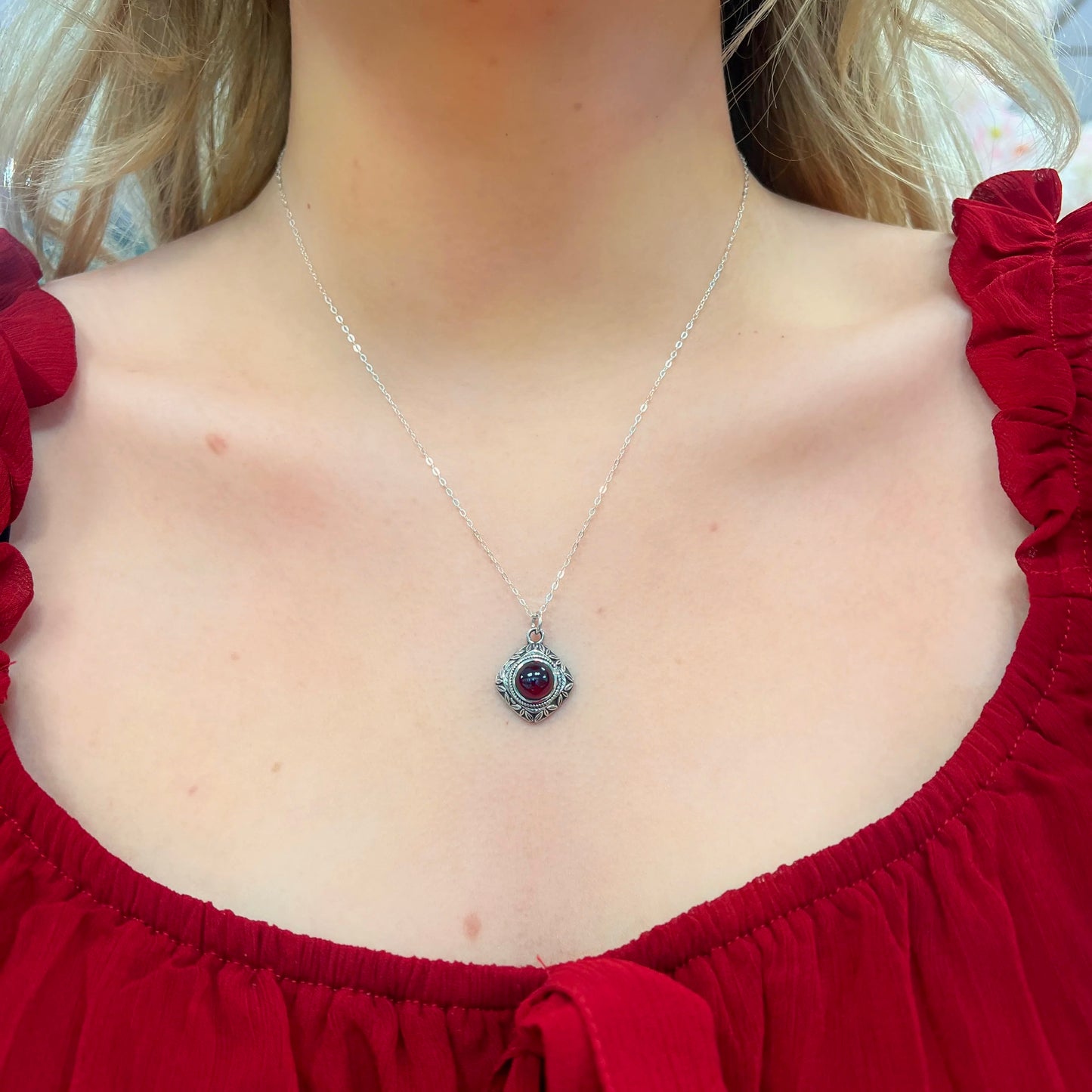 Boho Inspired Oxidised Sterling Silver Red Garnet Cabochon Necklace