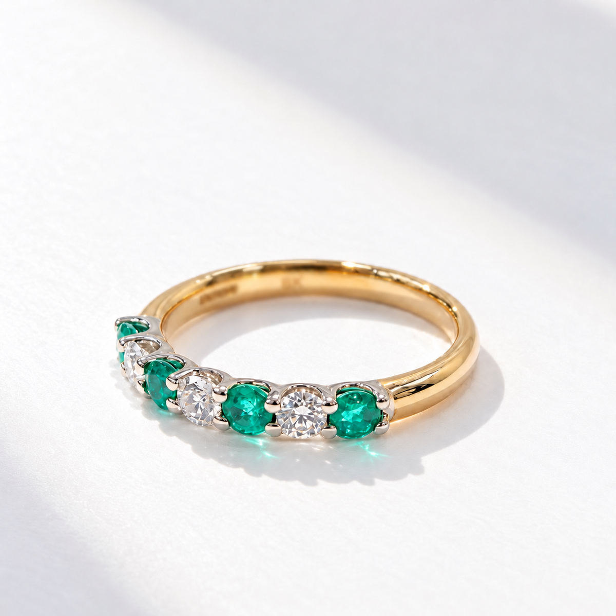 Emerald and Diamond Dainty 9ct Yellow Gold Half Eternity Ring | Size O