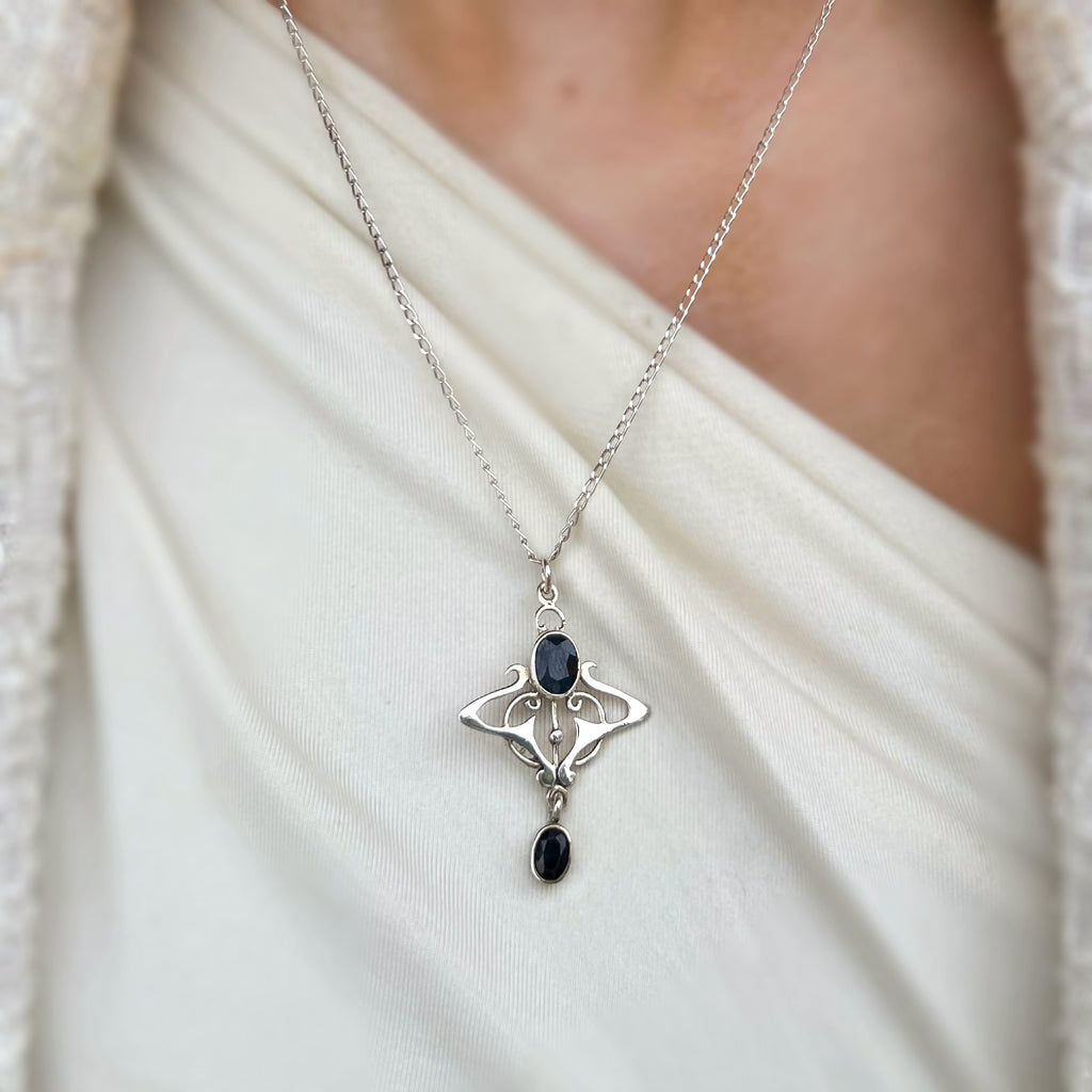 Blue Sapphire Sterling Silver Art Nouveau Pendant & Chain