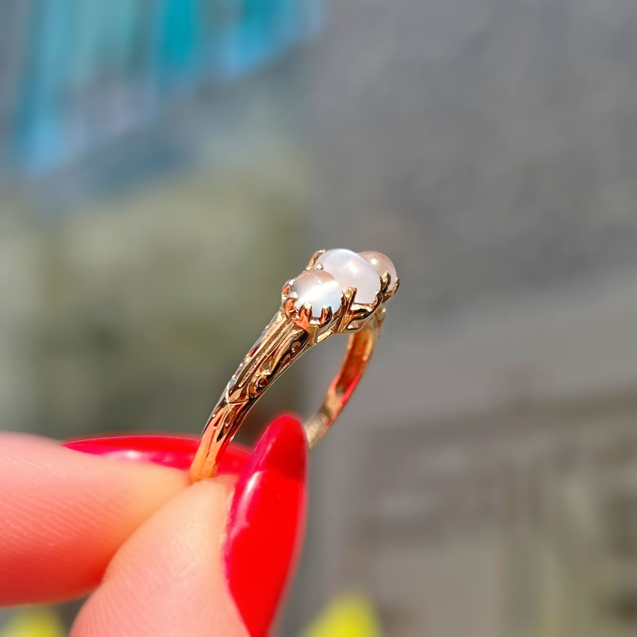 Antique Inspired 9ct Yellow Gold Moonstone Dainty Trilogy Ring - Size M