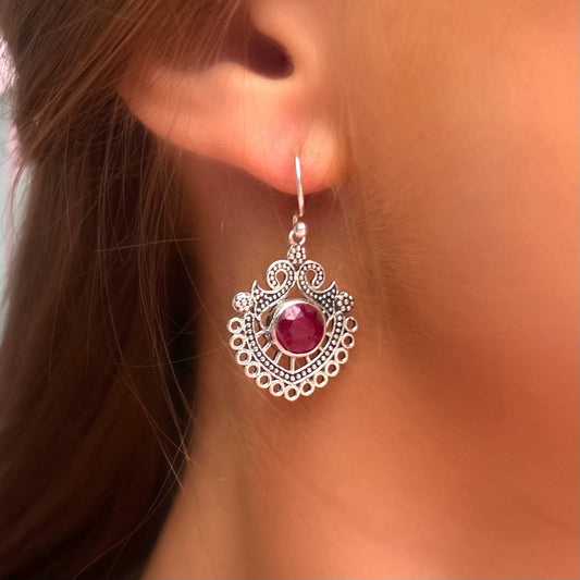 Bohemian Filigree Bezel Set Sterling Silver Red Ruby Drop Earrings