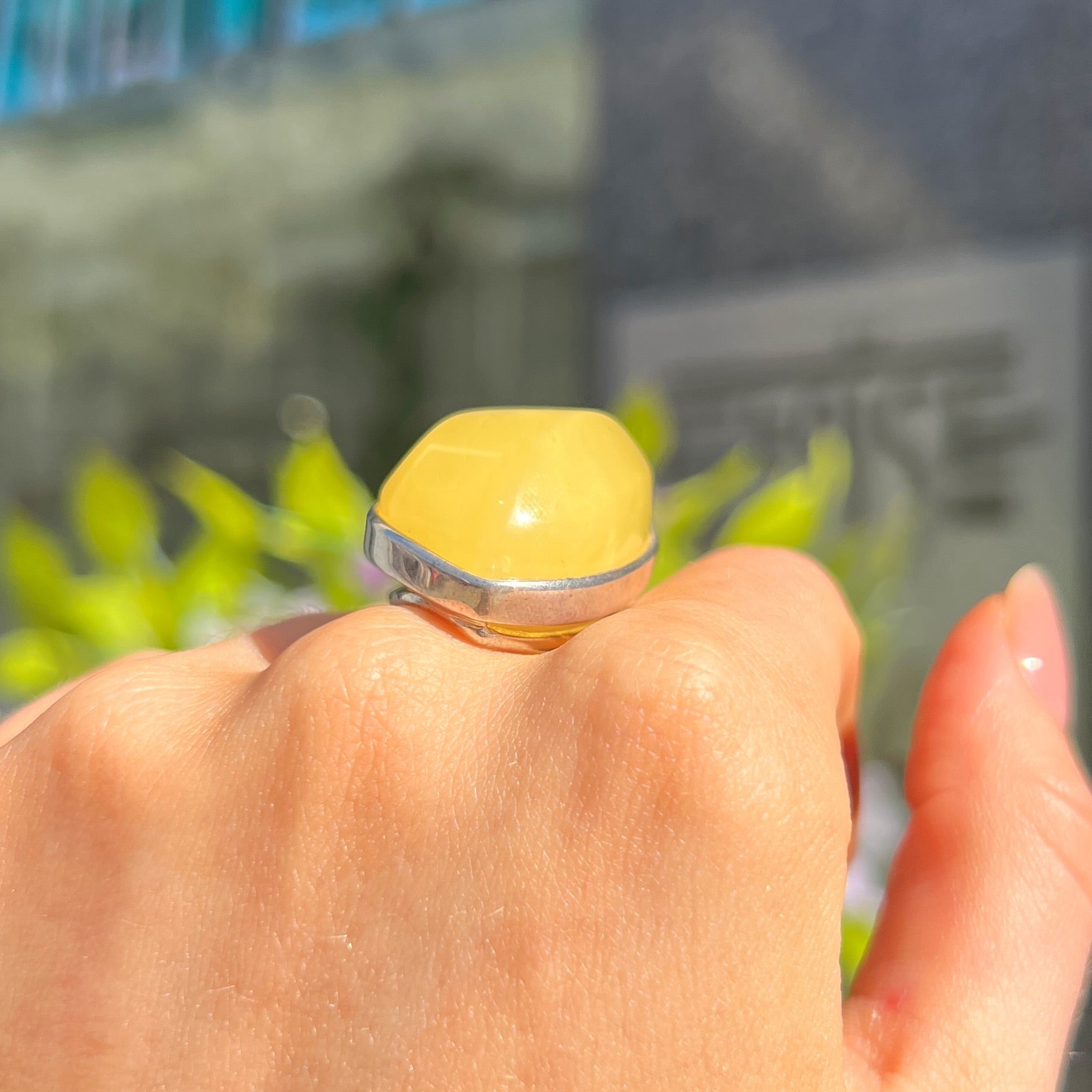 Yellow Butterscotch Amber Sterling Silver Chunky Ring | Size T