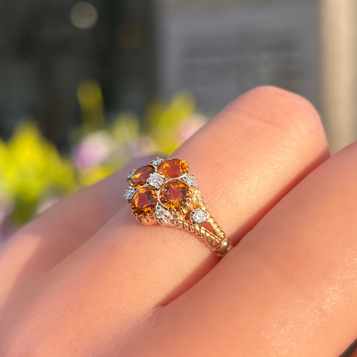 Victorian Inspired 9ct Yellow Gold Citrine and Diamond Forget-me-not Ring - Size M 1/2