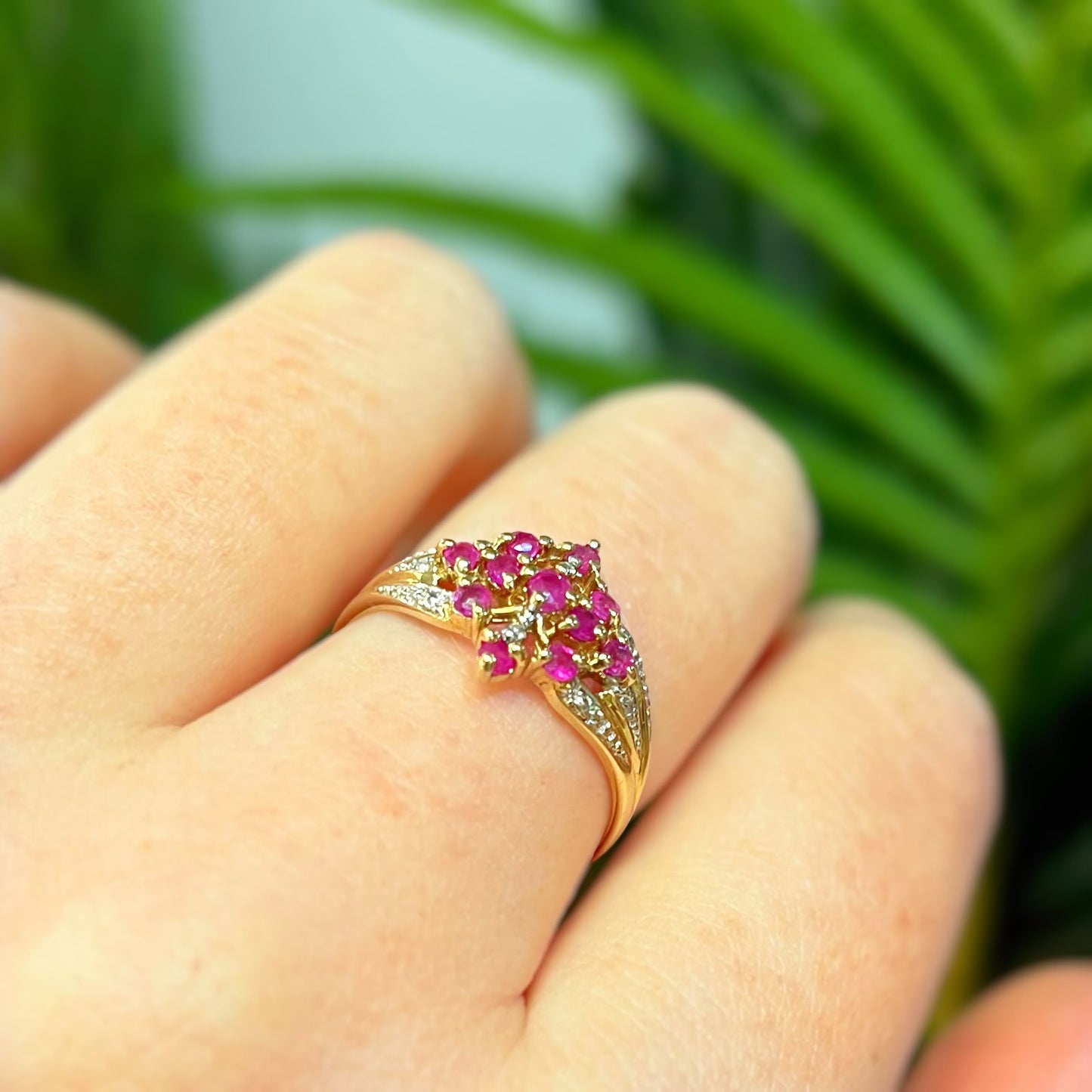 Unusual Vintage 9ct Yellow Gold Ruby and Diamond Ornate Cluster Ring - P