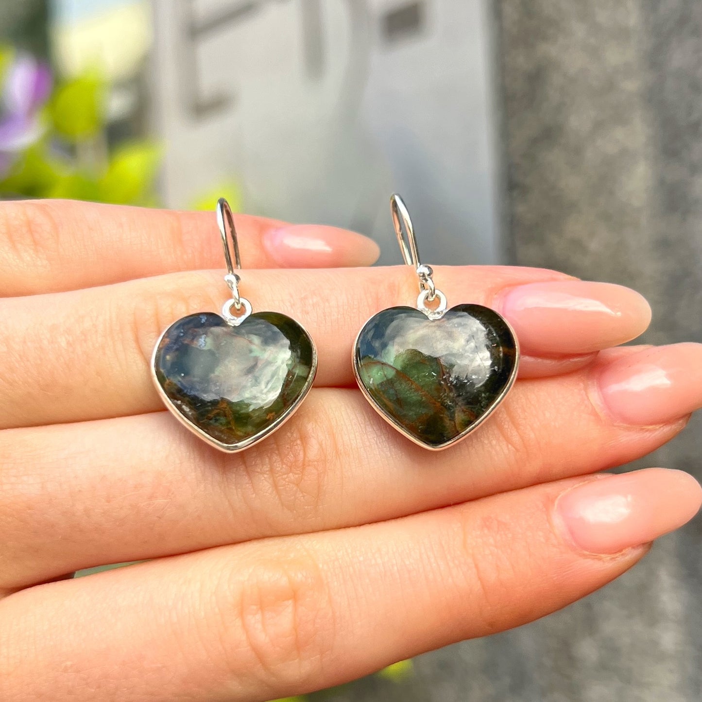 Sterling Silver Green Agate Heart Drop Earrings