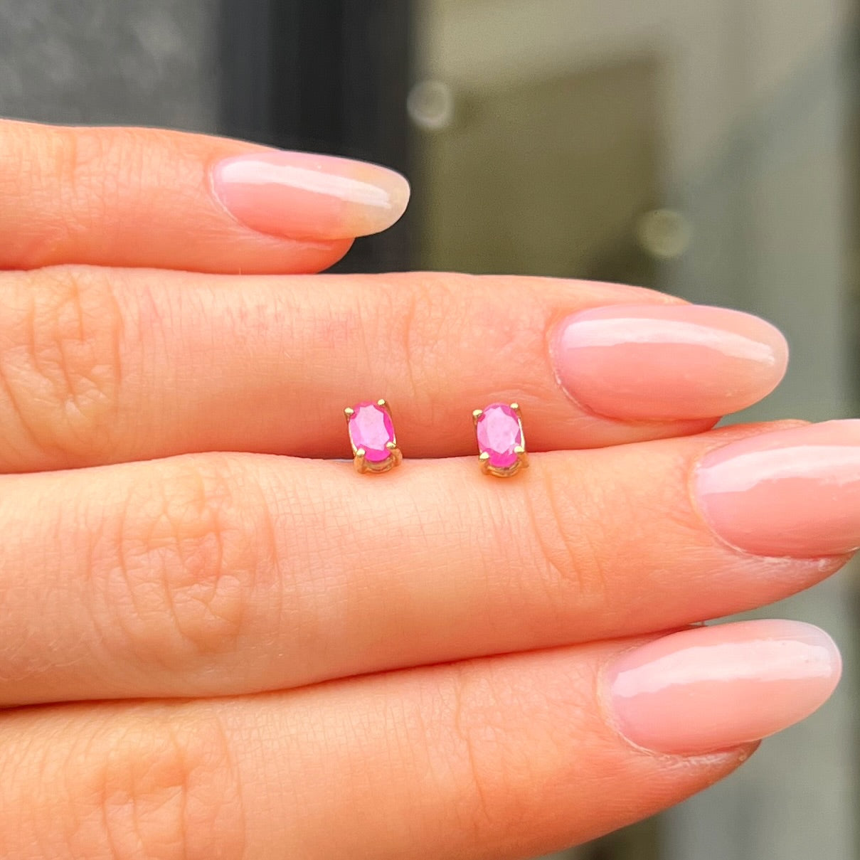 Pink Ruby Oval Cut 9ct Yellow Gold Dainty Stud Earrings
