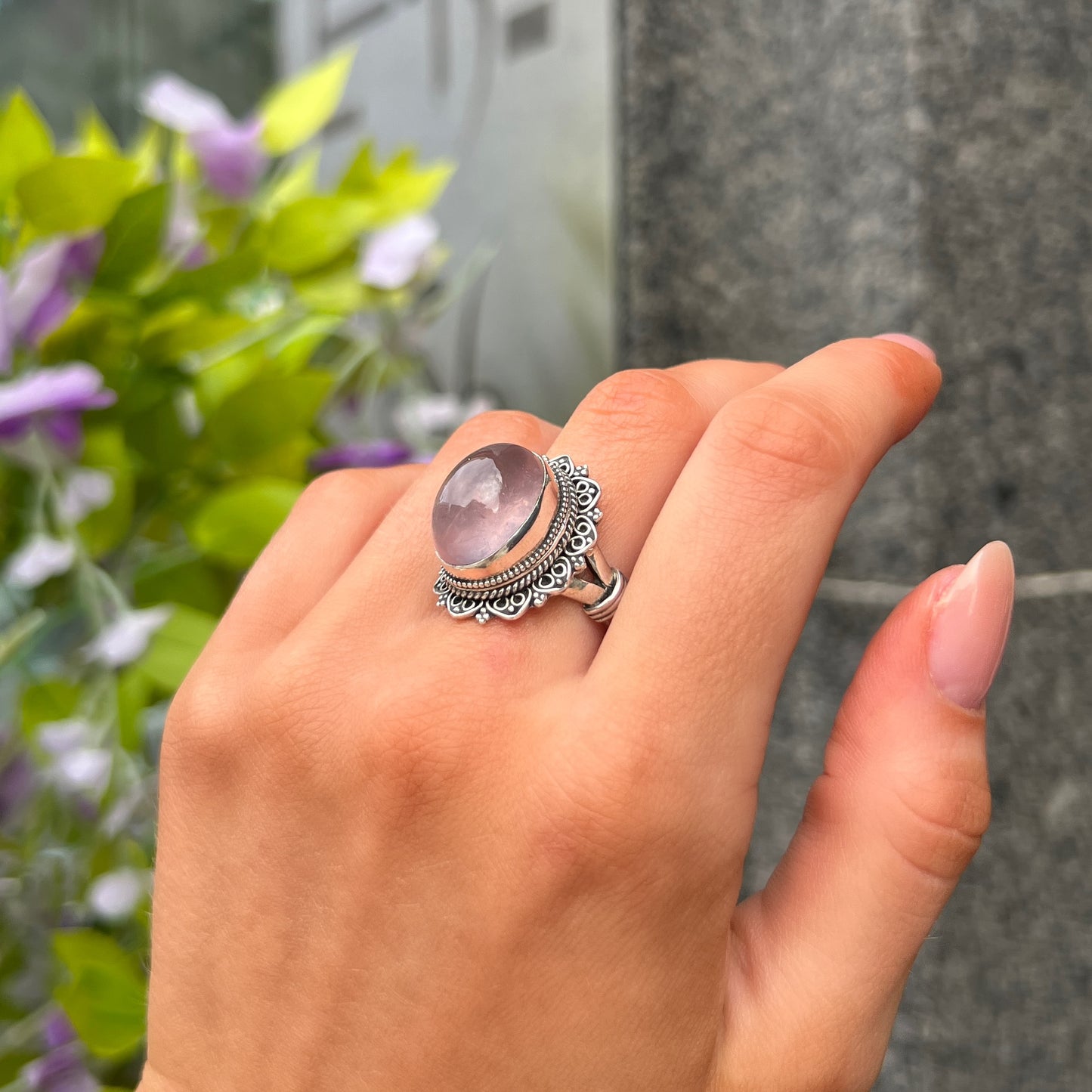 Chunky Bohemian Sterling Silver Cabochon Pink Rose Quartz Ring - Size N