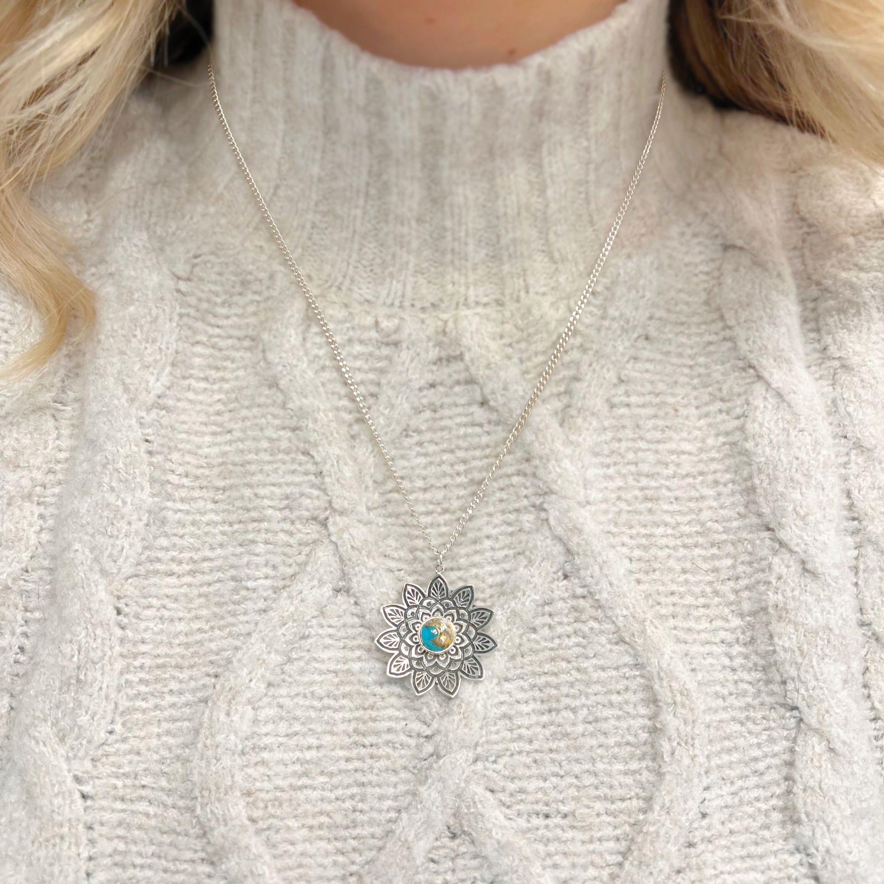 Turquoise Sterling Silver Bohemian-Inspired Mandala Necklace