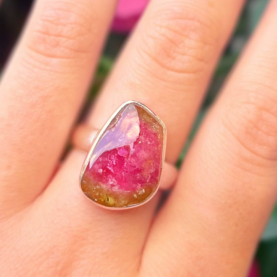 Sterling Silver Watermelon Tourmaline Ring - Size R 1/2