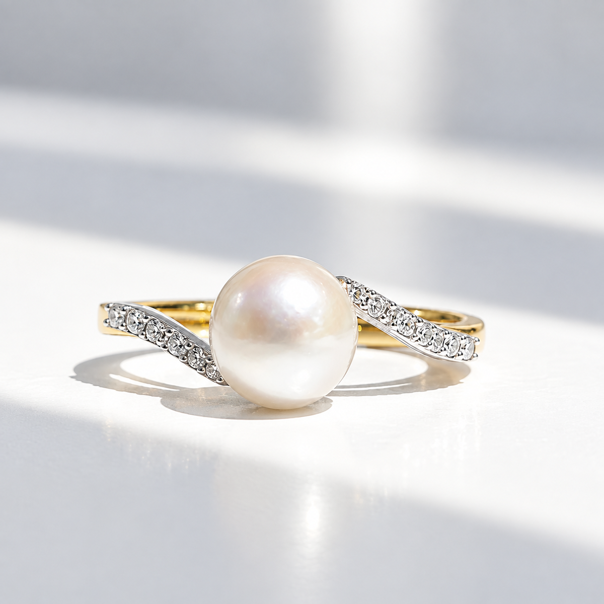Pearl and Diamond 9ct Yellow Gold Twist Ring | Size L