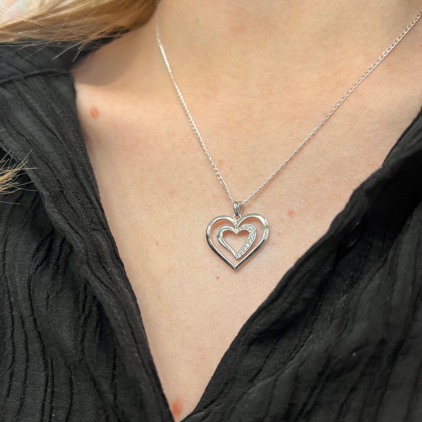 Sterling Silver Cubic Zirconia Pavé Double Heart Necklace