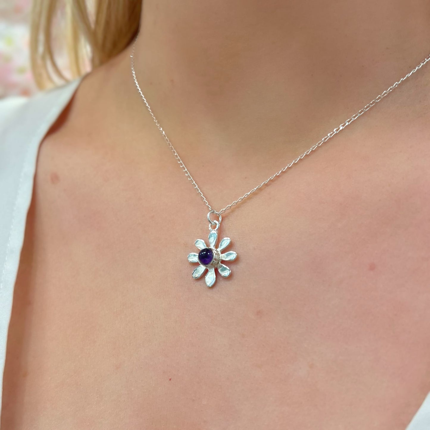 Sweet Sterling Silver Amethyst Flower Necklace