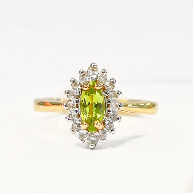 RESERVED | Vintage 9ct Yellow Gold Marquise Peridot and White Topaz Cluster Ring - Size N