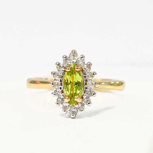 RESERVED | Vintage 9ct Yellow Gold Marquise Peridot and White Topaz Cluster Ring - Size N
