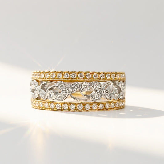 18ct Floral Inspired Yellow Gold And White Gold Diamond Ring – Size N