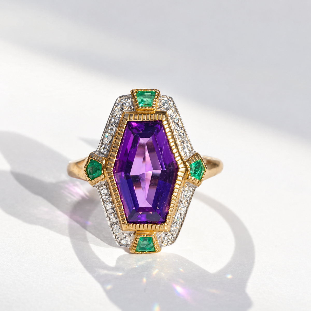 Art Deco Reproduction Amethyst Emerald and Diamond 9ct Yellow Gold Ring | Size N