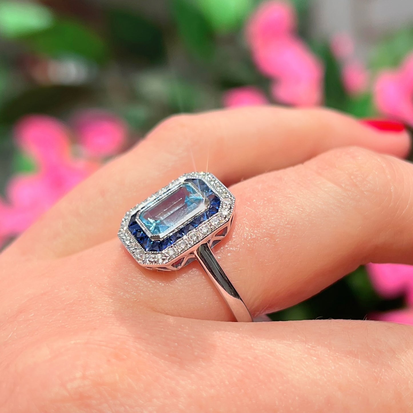 Art Deco Reproduction Blue Topaz, Sapphire and Diamond 9ct White Gold Ring | Size M ½