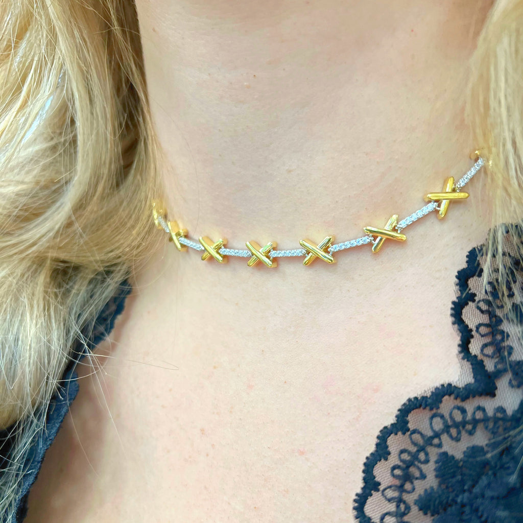 Cubic Zirconia Sterling Silver and Gold Plated Kisses Necklace
