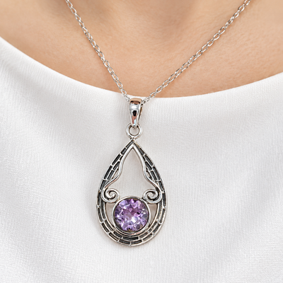 Oxidised Detailed Amethyst Sterling Silver Necklace