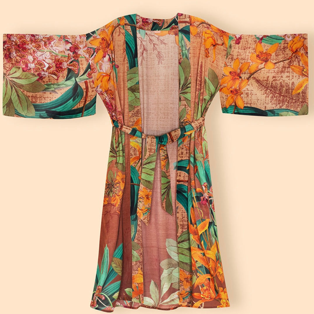 Powder Accessories Orange and Green Floral Botany Bliss Long Kimono Gown