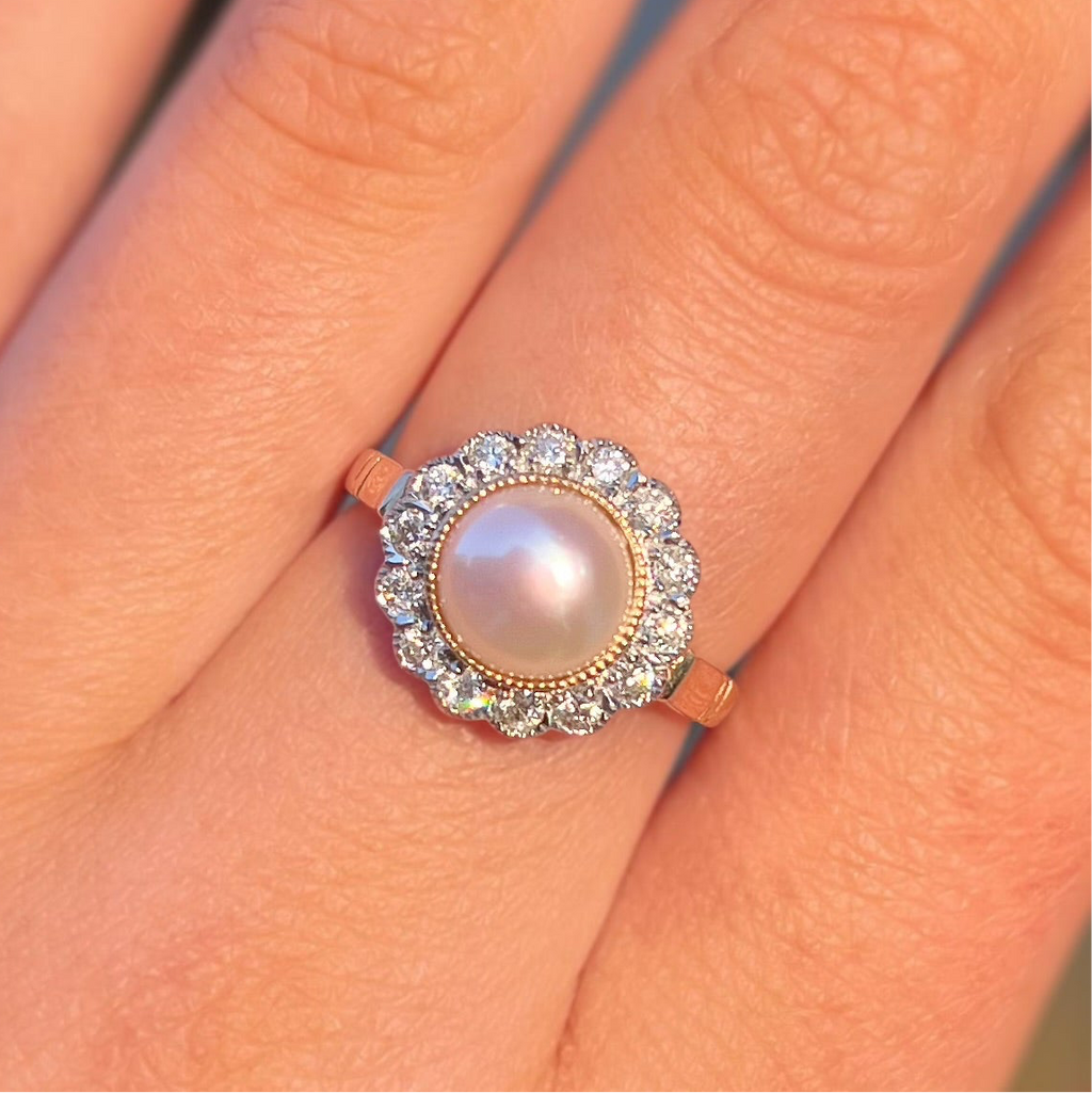 'The Audrey' Pearl and Diamond 9ct Yellow Gold Halo Cluster Ring | Size O