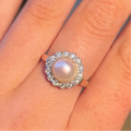 'The Audrey' Pearl and Diamond 9ct Yellow Gold Halo Cluster Ring | Size O