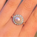 'The Audrey' Pearl and Diamond 9ct Yellow Gold Halo Cluster Ring | Size O